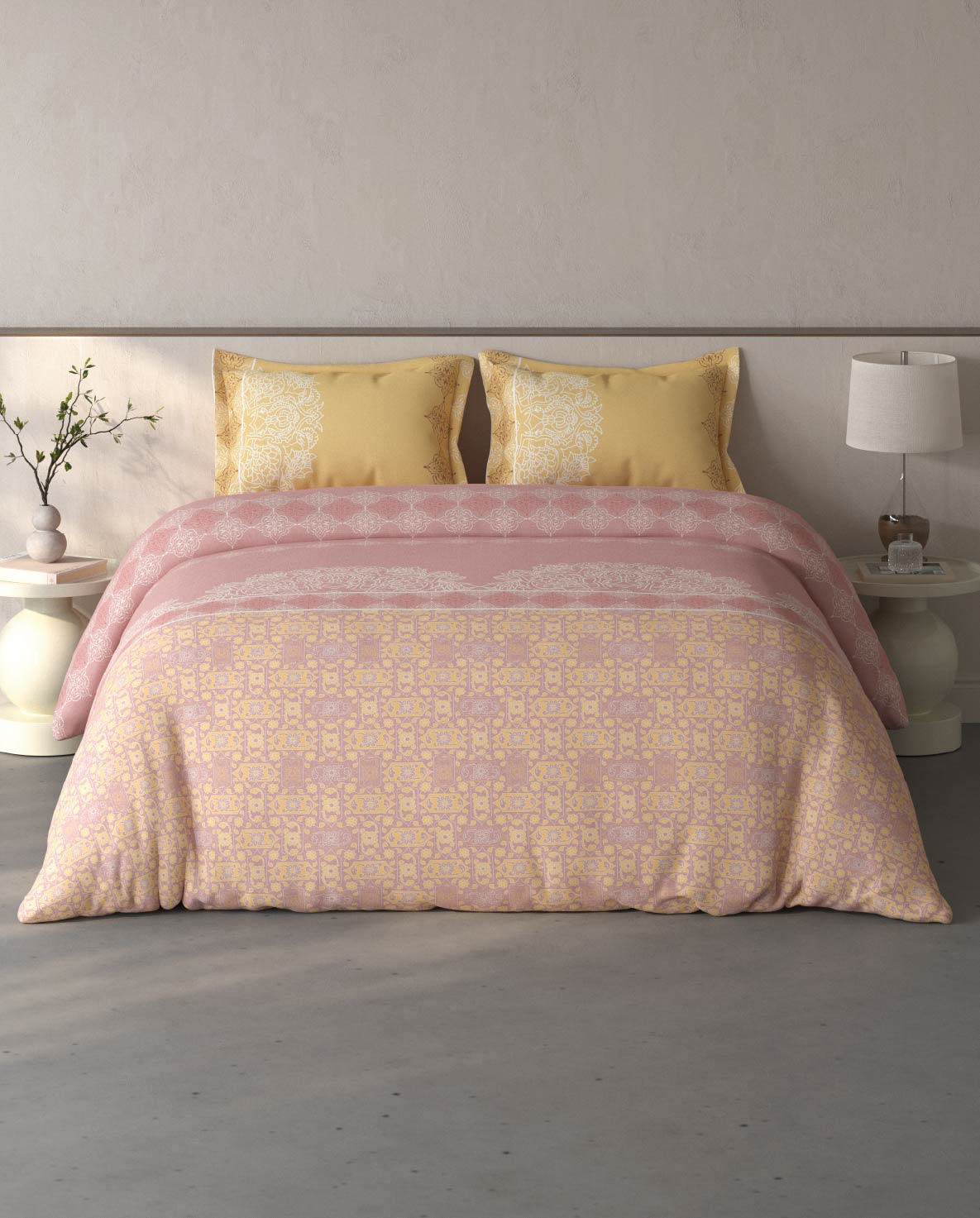 Spaces Fiora Blush Ornate 100% Cotton Large Bedsheet with 2 Pillow Covers - 108 x 108 Inches