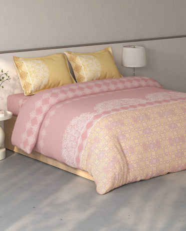 Spaces Fiora Blush Ornate 100% Cotton Large Bedsheet with 2 Pillow Covers - 108 x 108 Inches