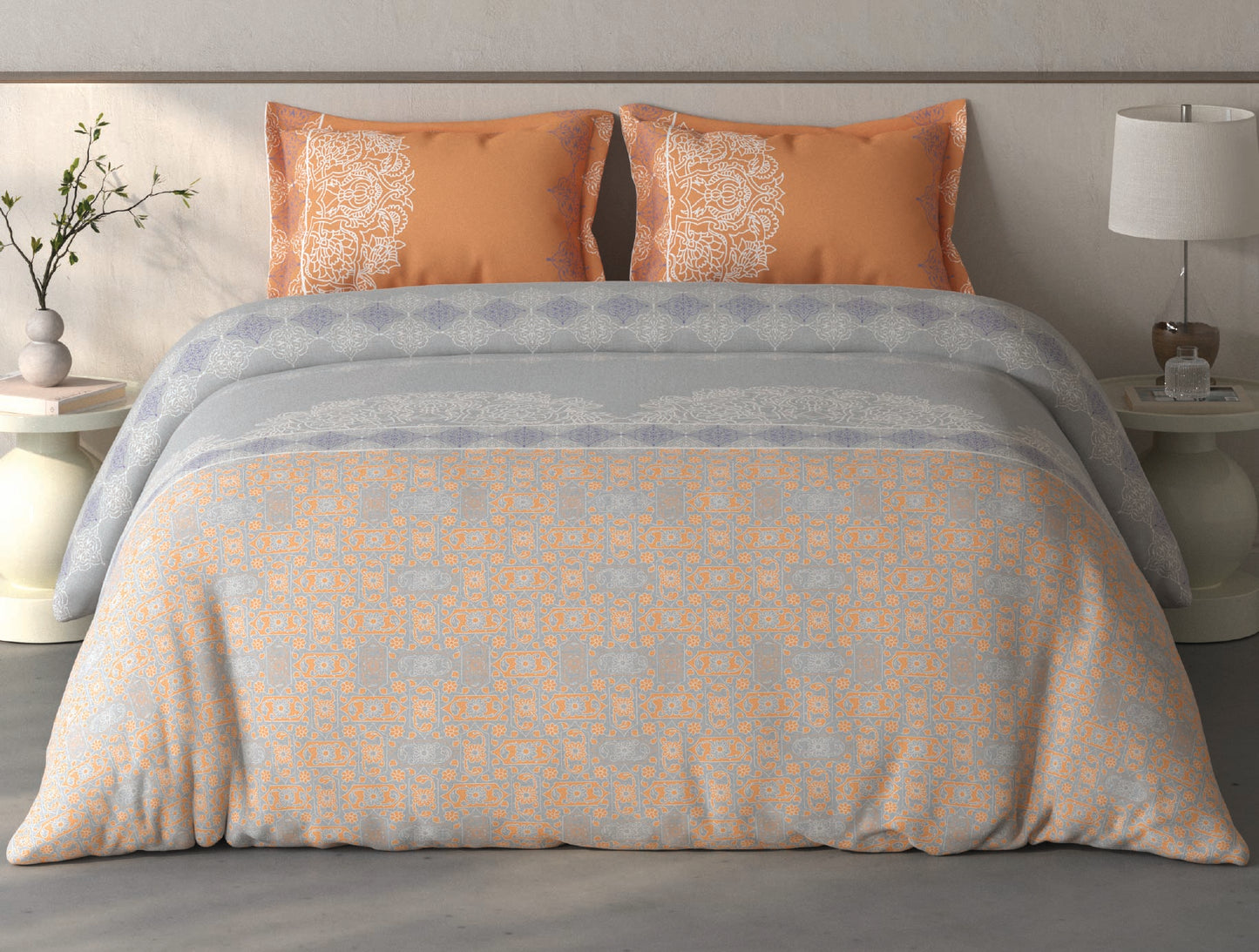 Spaces Fiora Vapur Blue Ornate 100% Cotton Large Bedsheet with 2 Pillow Covers - 108 x 108 Inches