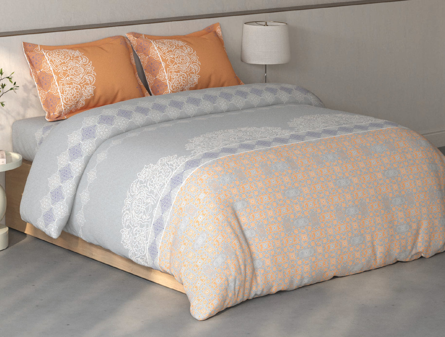 Spaces Fiora Vapur Blue Ornate 100% Cotton Large Bedsheet with 2 Pillow Covers - 108 x 108 Inches