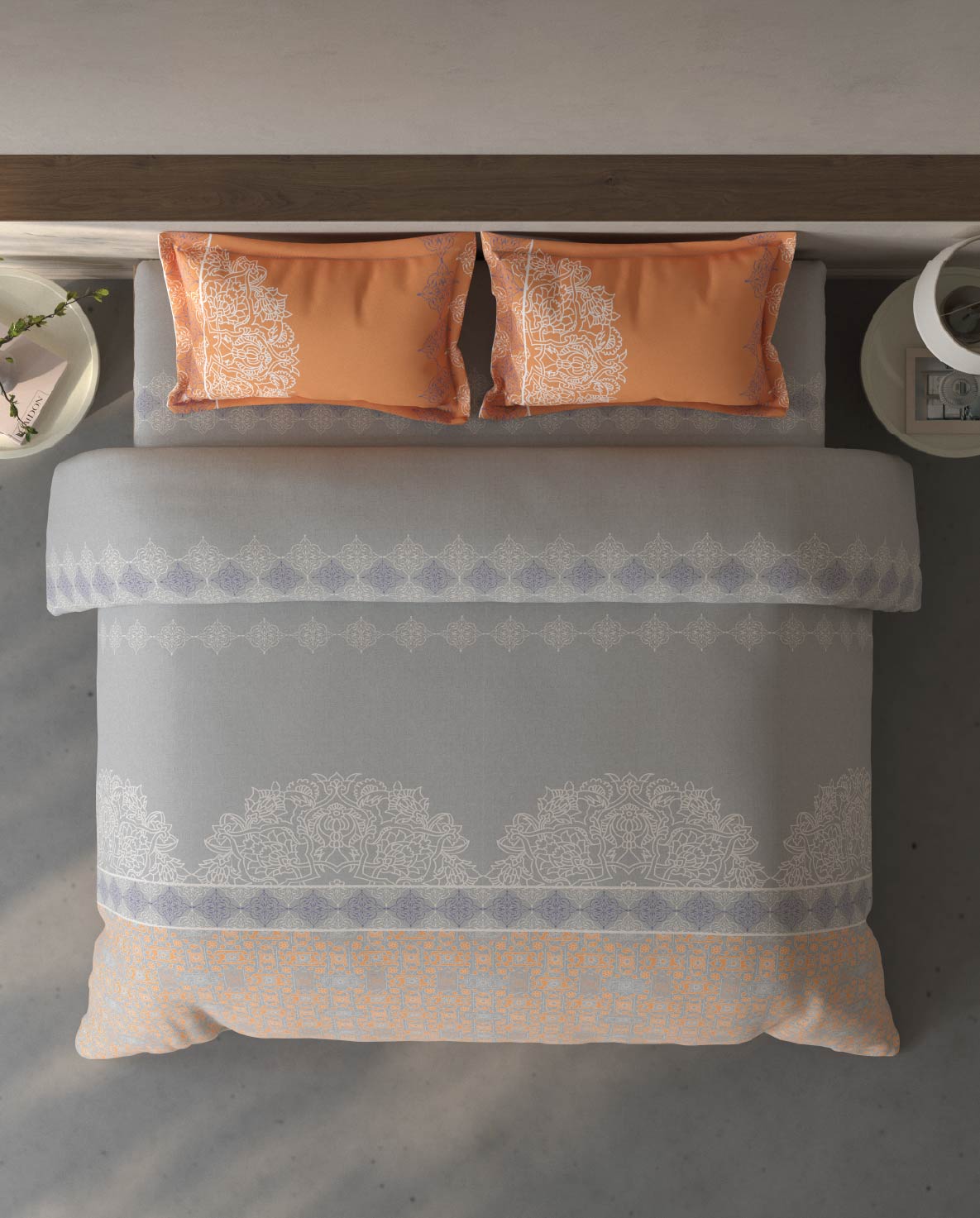 Spaces Fiora Vapur Blue Ornate 100% Cotton Large Bedsheet with 2 Pillow Covers - 108 x 108 Inches
