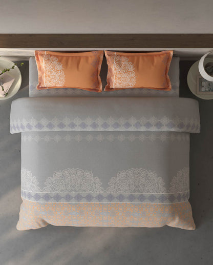 Spaces Fiora Vapur Blue Ornate 100% Cotton Large Bedsheet with 2 Pillow Covers - 108 x 108 Inches