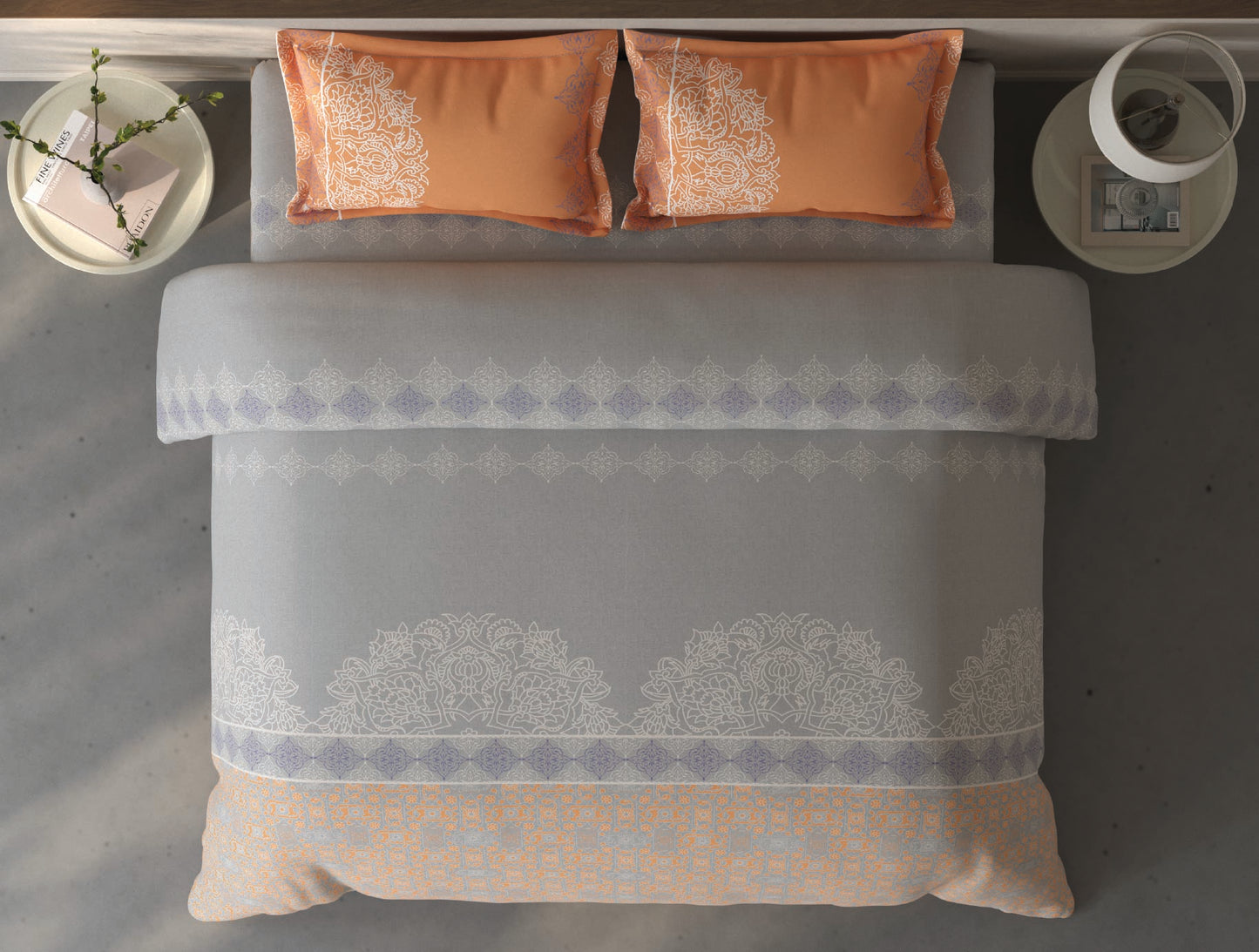 Spaces Fiora Vapur Blue Ornate 100% Cotton Large Bedsheet with 2 Pillow Covers - 108 x 108 Inches