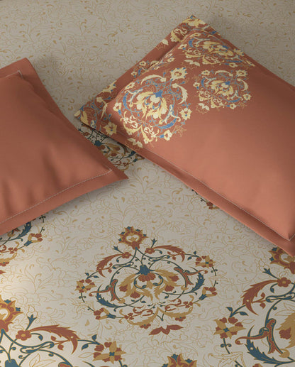 Spaces Fiora Vapur Blue Ornate 100% Cotton Large Bedsheet with 2 Pillow Covers - 108 x 108 Inches