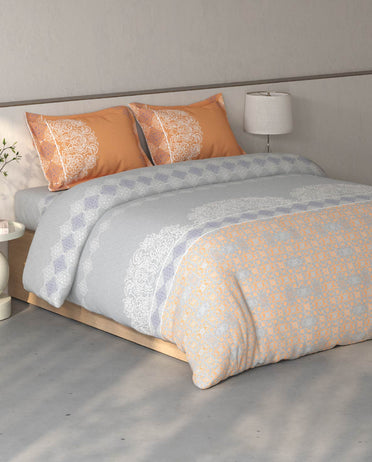 Spaces Fiora Vapur Blue Ornate 100% Cotton Large Bedsheet with 2 Pillow Covers - 108 x 108 Inches