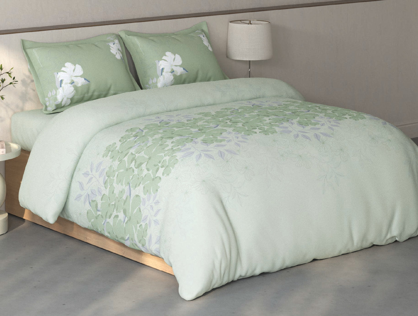 Spaces Fiora Light Aqua Floral 100% Cotton Large Bedsheet with 2 Pillow Covers - 108 x 108 Inches