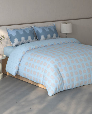 Spaces Fiora Blue Geometric 100% Cotton Large Bedsheet with 2 Pillow Covers - 108 x 108 Inches