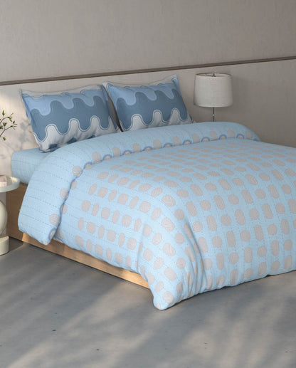 Spaces Fiora Blue Geometric 100% Cotton Large Bedsheet with 2 Pillow Covers - 108 x 108 Inches