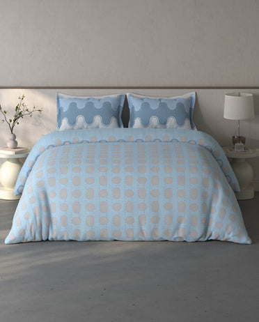 Spaces Fiora Blue Geometric 100% Cotton Large Bedsheet with 2 Pillow Covers - 108 x 108 Inches