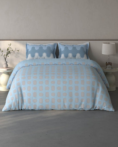 Spaces Fiora Blue Geometric 100% Cotton Large Bedsheet with 2 Pillow Covers - 108 x 108 Inches