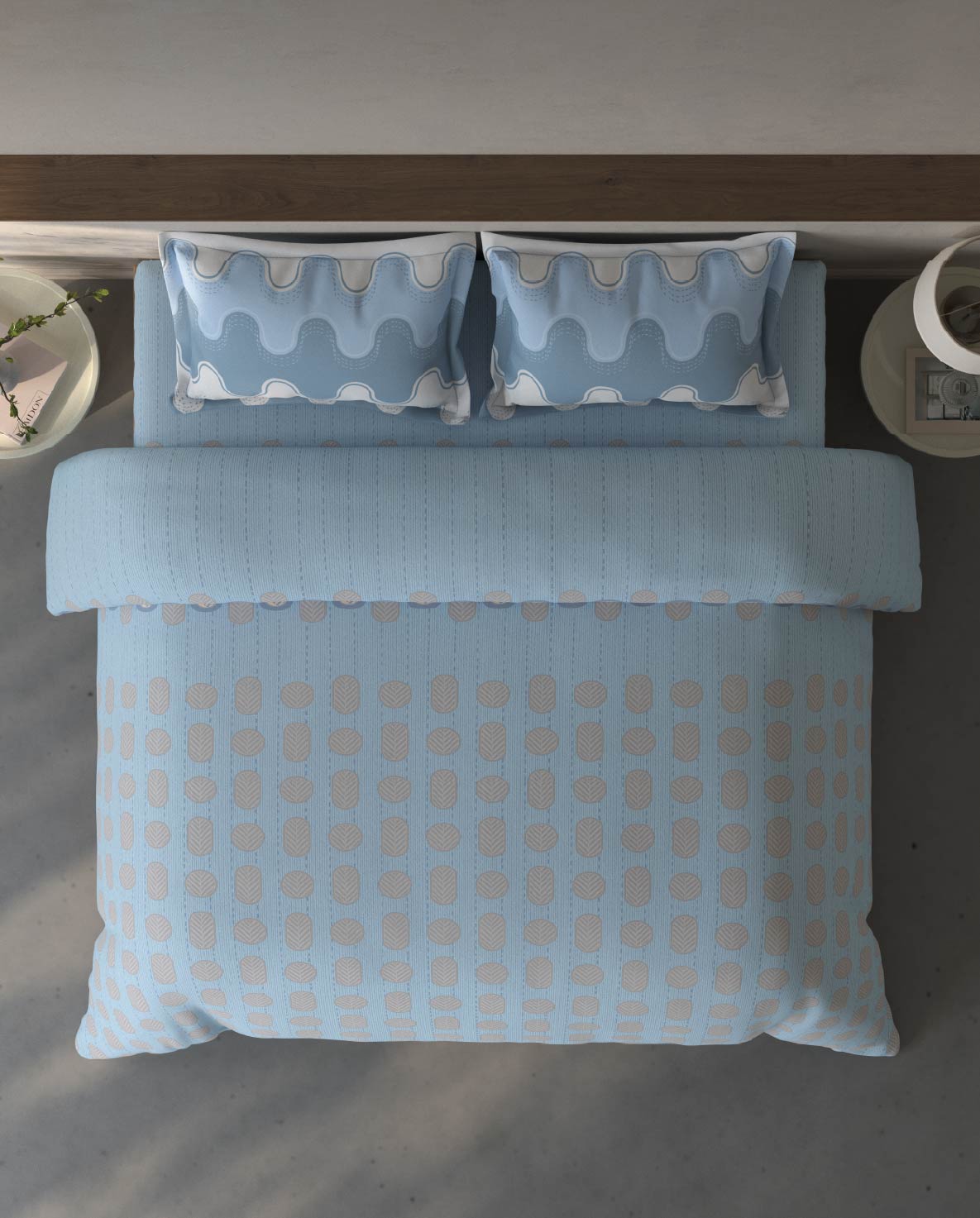 Spaces Fiora Blue Geometric 100% Cotton Large Bedsheet with 2 Pillow Covers - 108 x 108 Inches