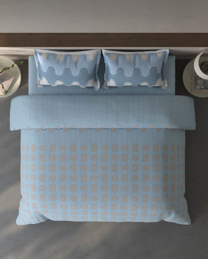 Spaces Fiora Blue Geometric 100% Cotton Large Bedsheet with 2 Pillow Covers - 108 x 108 Inches