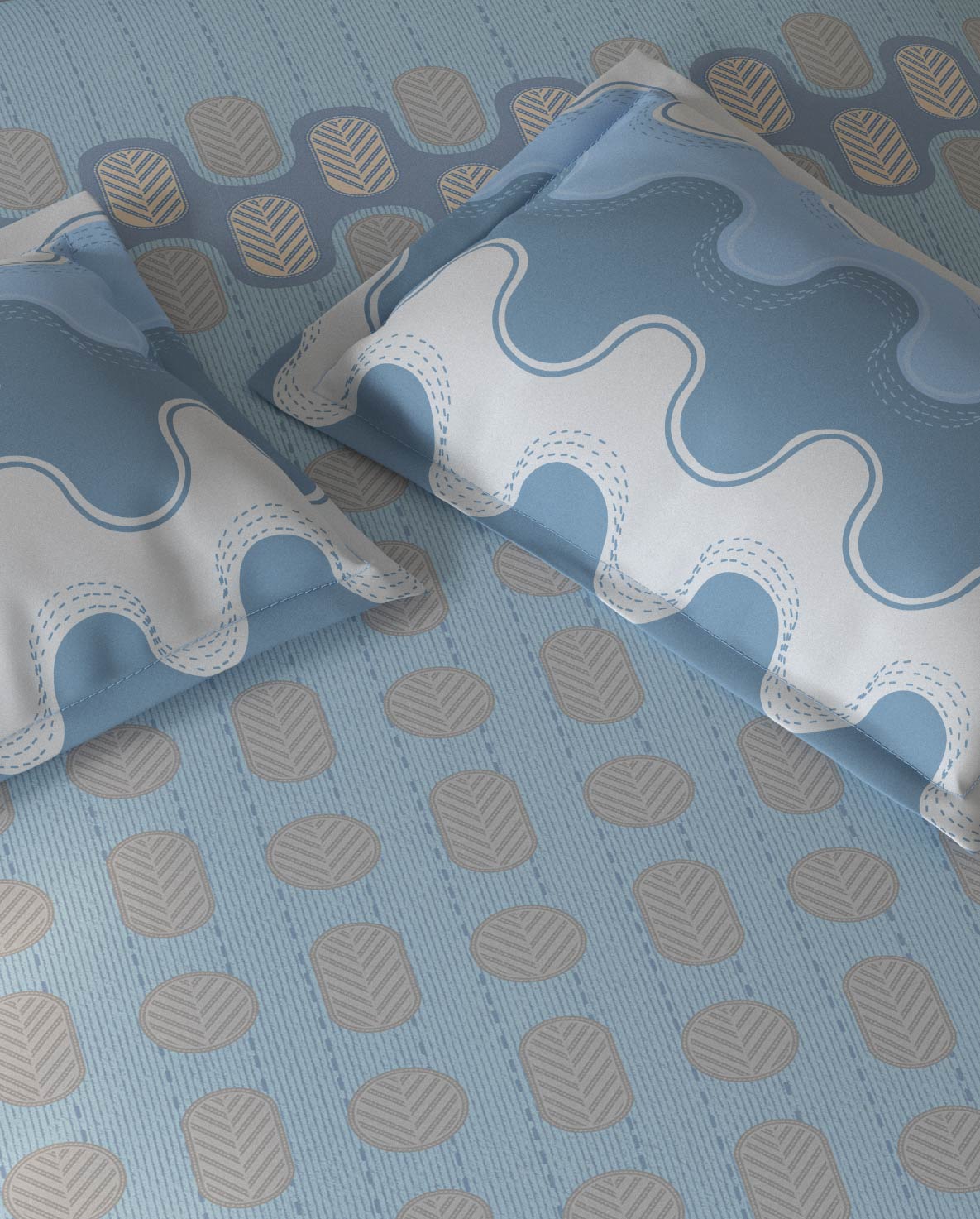 Spaces Fiora Blue Geometric 100% Cotton Large Bedsheet with 2 Pillow Covers - 108 x 108 Inches