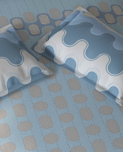 Spaces Fiora Blue Geometric 100% Cotton Large Bedsheet with 2 Pillow Covers - 108 x 108 Inches