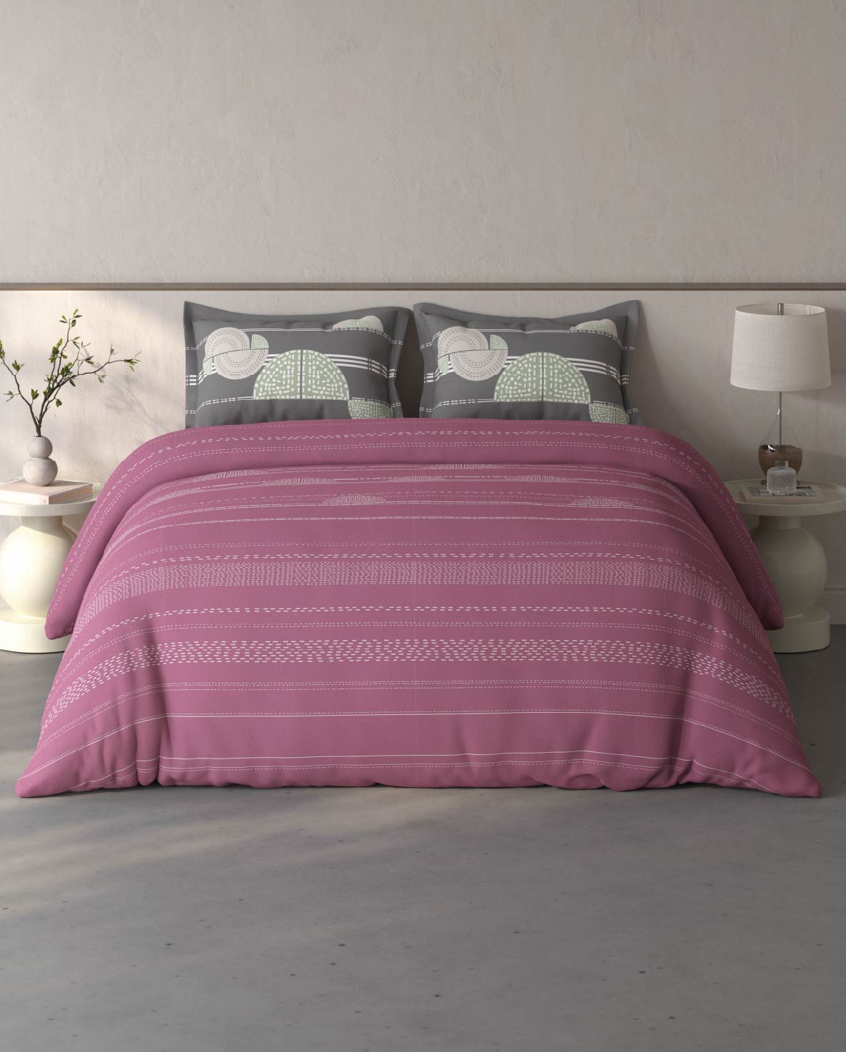Spaces Fiora Dark Blush Geometric 100% Cotton Large Bedsheet with 2 Pillow Covers - 108 x 108 Inches