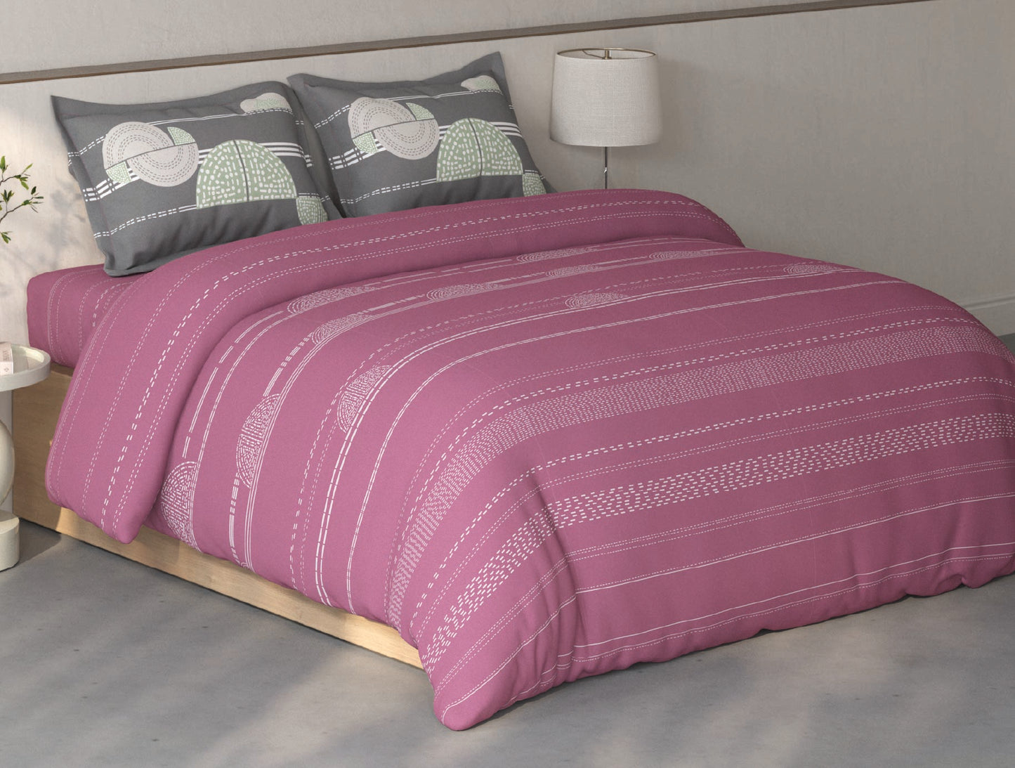 Spaces Fiora Dark Blush Geometric 100% Cotton Large Bedsheet with 2 Pillow Covers - 108 x 108 Inches