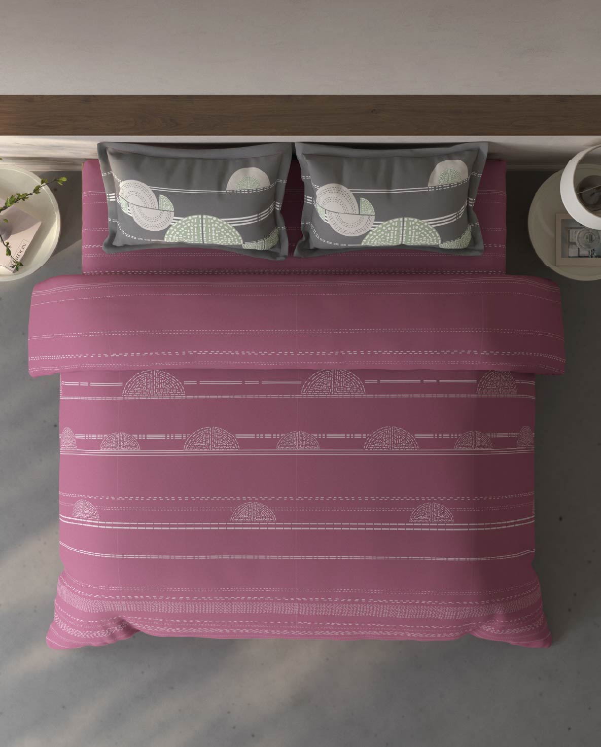 Spaces Fiora Dark Blush Geometric 100% Cotton Large Bedsheet with 2 Pillow Covers - 108 x 108 Inches
