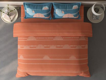 Spaces Fiora Rust Geometric 100% Cotton Large Bedsheet with 2 Pillow Covers - 108 x 108 Inches