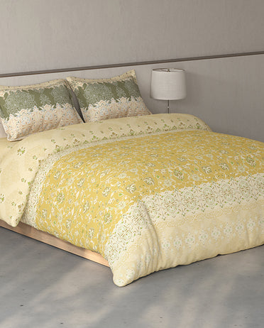 Spaces Fiora Light Yellow Ornate 100% Cotton Double Bedsheet with 2 Pillow Covers - 90 x 108 Inches