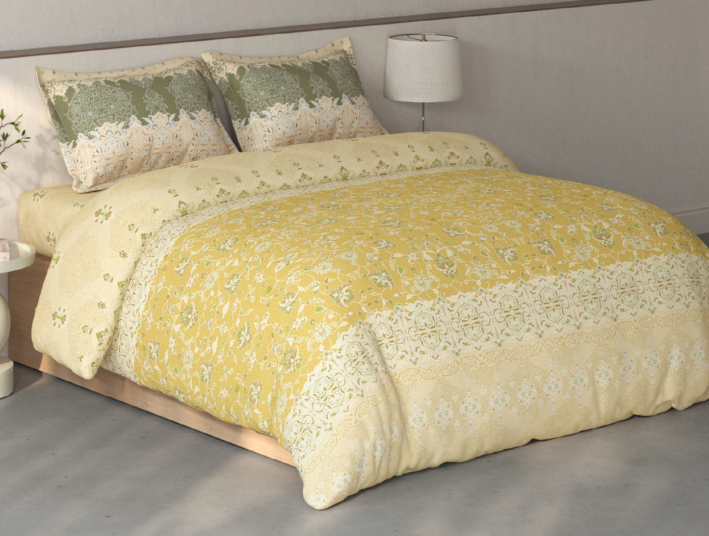 Spaces Fiora Light Yellow Ornate 100% Cotton Double Bedsheet with 2 Pillow Covers - 90 x 108 Inches