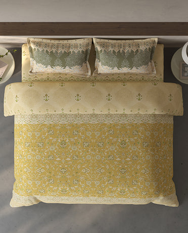 Spaces Fiora Light Yellow Ornate 100% Cotton Double Bedsheet with 2 Pillow Covers - 90 x 108 Inches