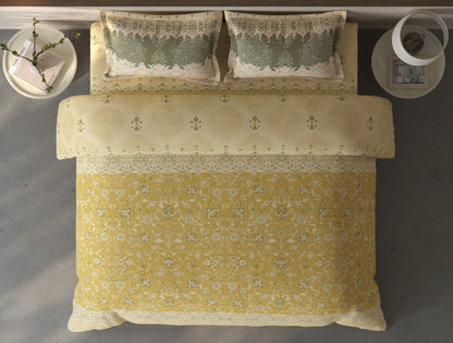 Spaces Fiora Light Yellow Ornate 100% Cotton Double Bedsheet with 2 Pillow Covers - 90 x 108 Inches