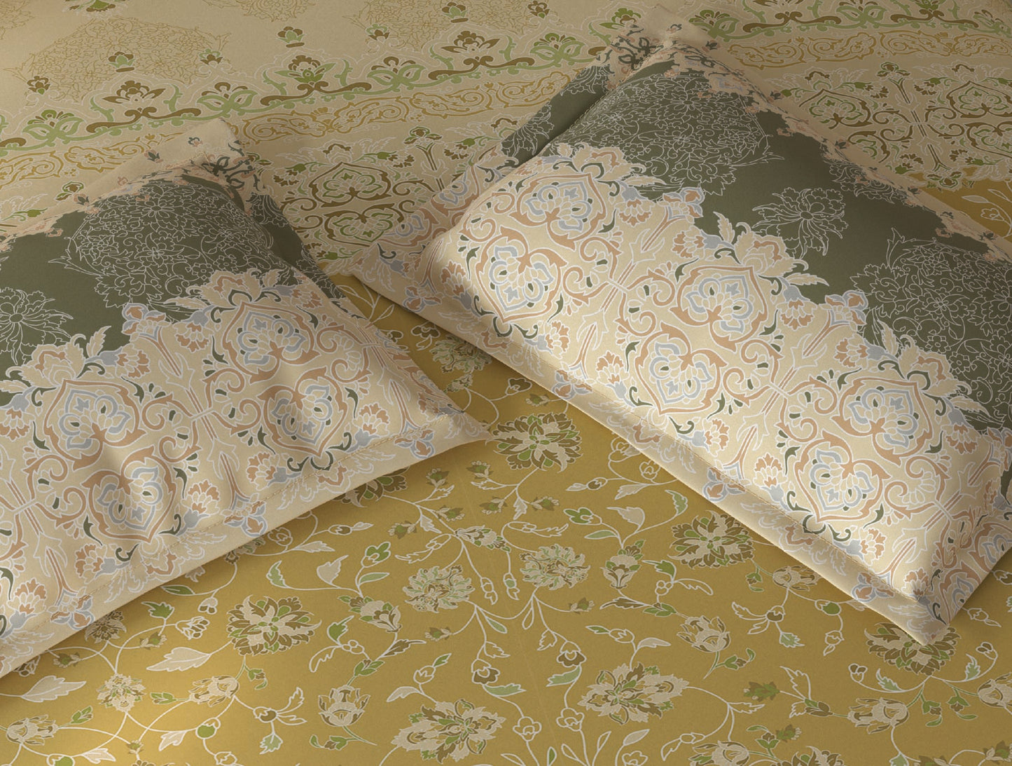 Spaces Fiora Light Yellow Ornate 100% Cotton Double Bedsheet with 2 Pillow Covers - 90 x 108 Inches