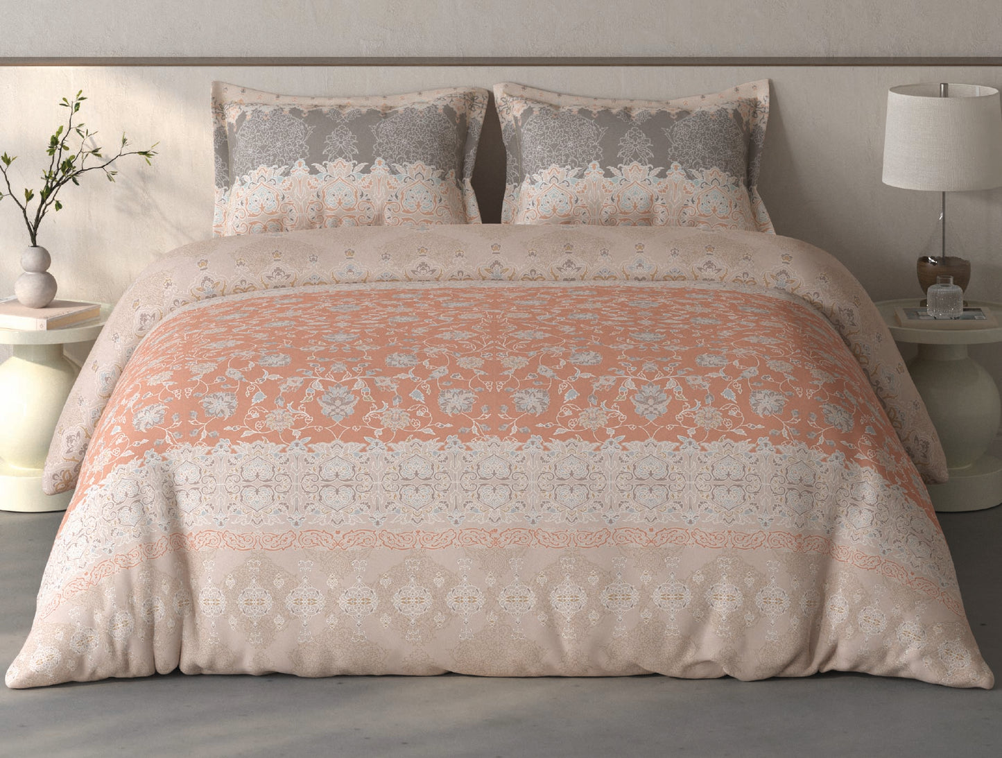 Spaces Fiora Light Blush Ornate 100% Cotton Double Bedsheet with 2 Pillow Covers - 90 x 108 Inches