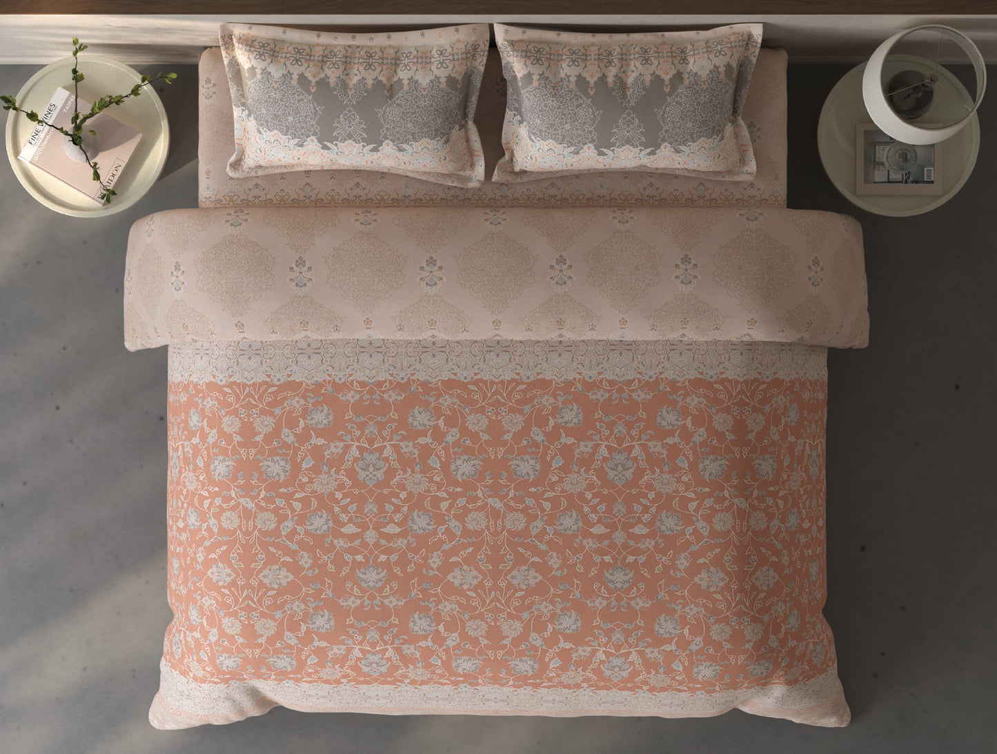 Spaces Fiora Light Blush Ornate 100% Cotton Double Bedsheet with 2 Pillow Covers - 90 x 108 Inches