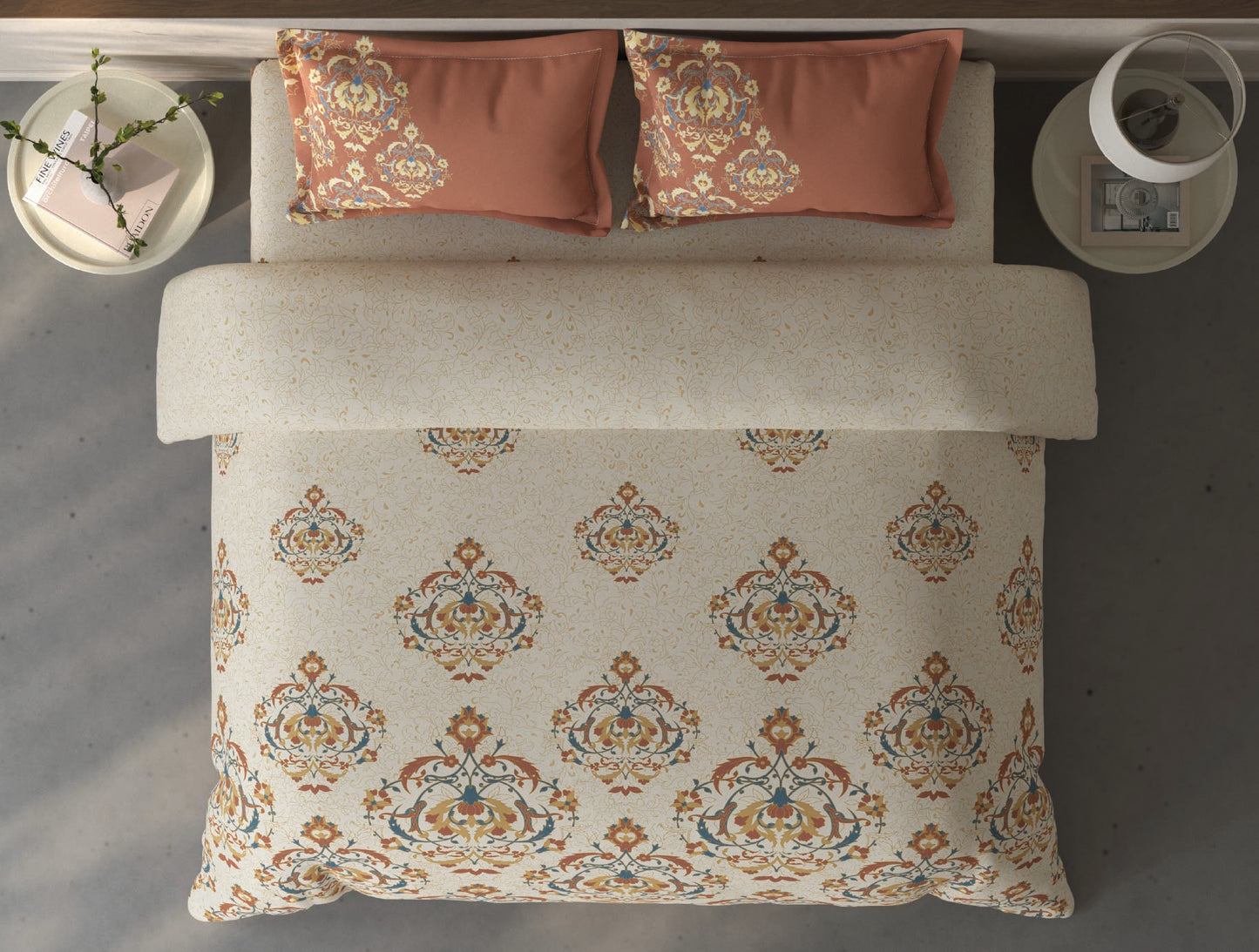 Spaces Fiora Cream Ornate 100% Cotton Double Bedsheet with 2 Pillow Covers - 90 x 108 Inches