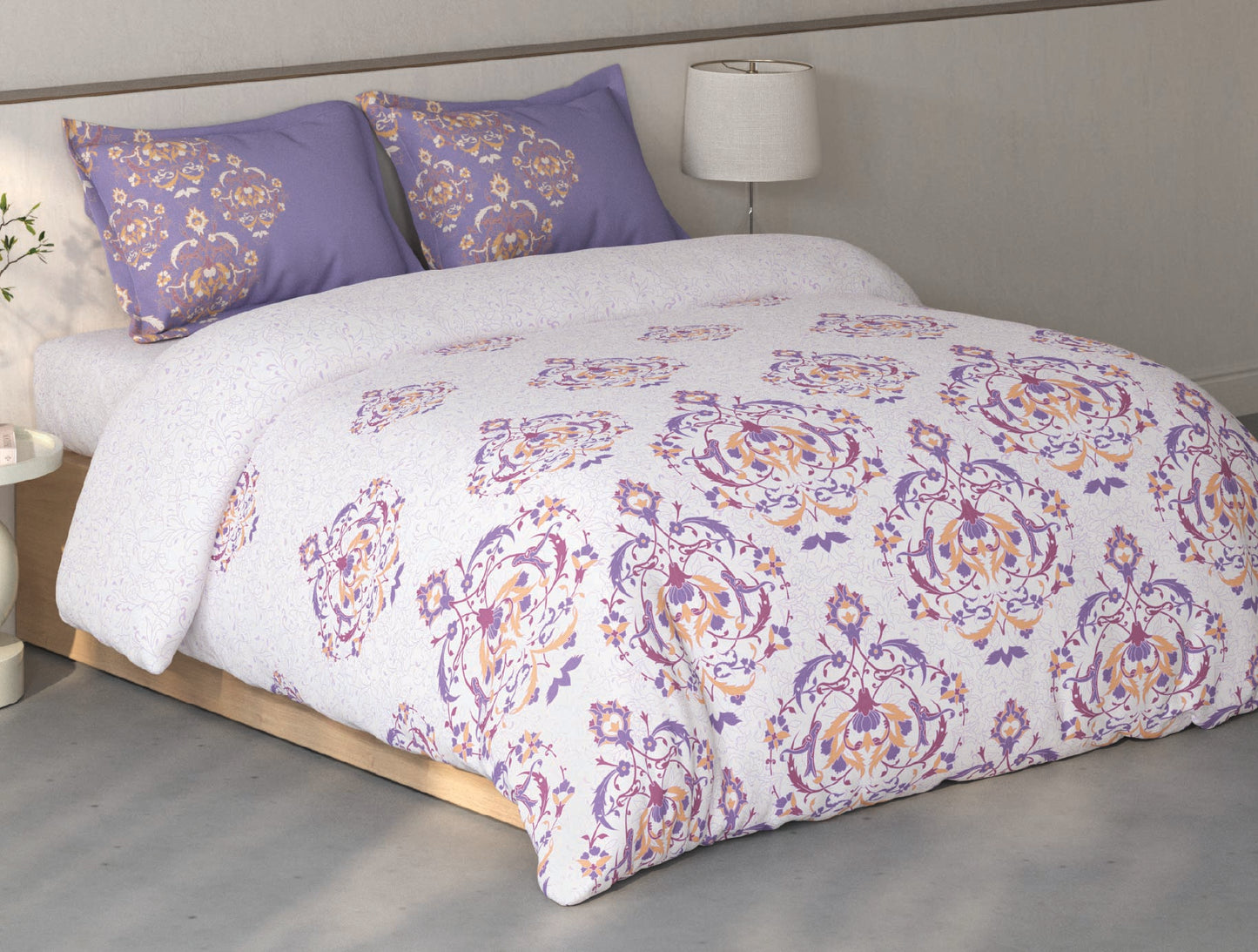 Spaces Fiora Light Violet Ornate 100% Cotton Double Bedsheet with 2 Pillow Covers - 90 x 108 Inches