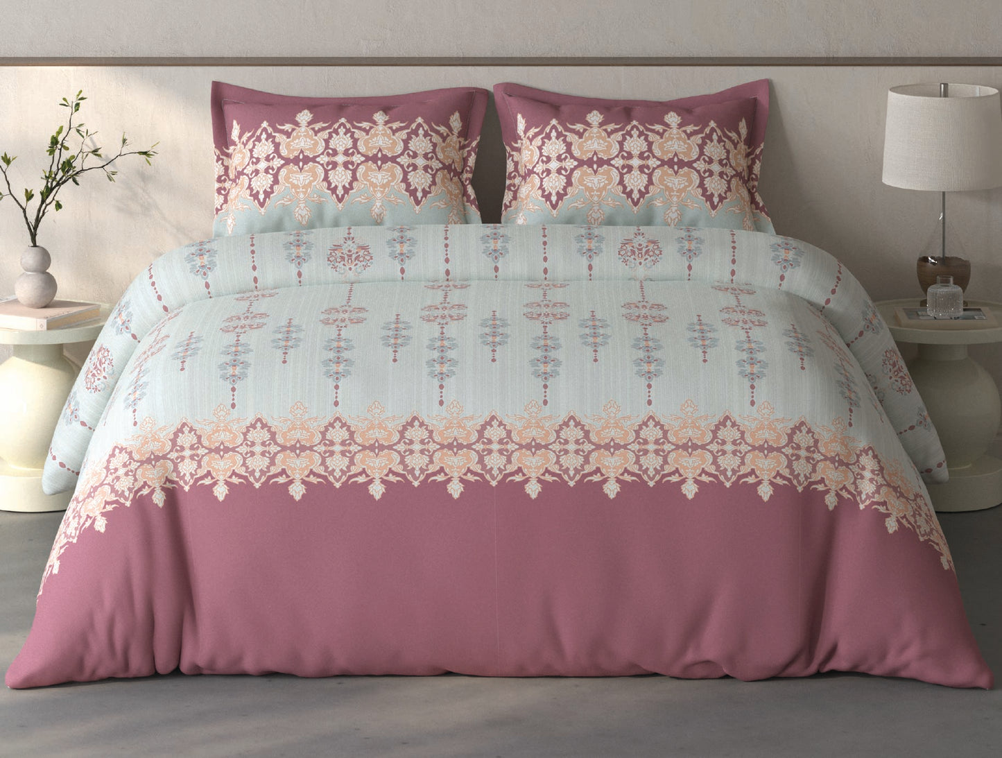 Spaces Fiora Light Grey Ornate 100% Cotton Double Bedsheet with 2 Pillow Covers - 90 x 108 Inches