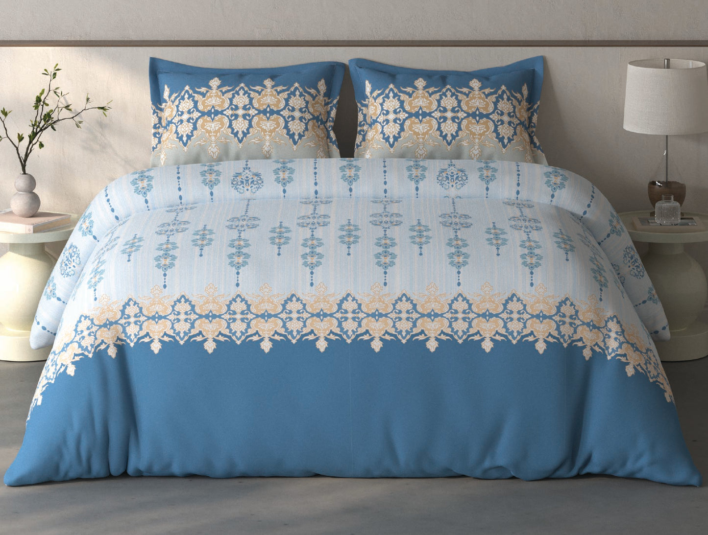 Spaces Fiora Light Blue Ornate 100% Cotton Double Bedsheet with 2 Pillow Covers - 90 x 108 Inches