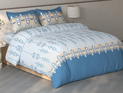 Spaces Fiora Light Blue Ornate 100% Cotton Double Bedsheet with 2 Pillow Covers - 90 x 108 Inches