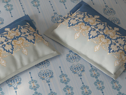 Spaces Fiora Light Blue Ornate 100% Cotton Double Bedsheet with 2 Pillow Covers - 90 x 108 Inches