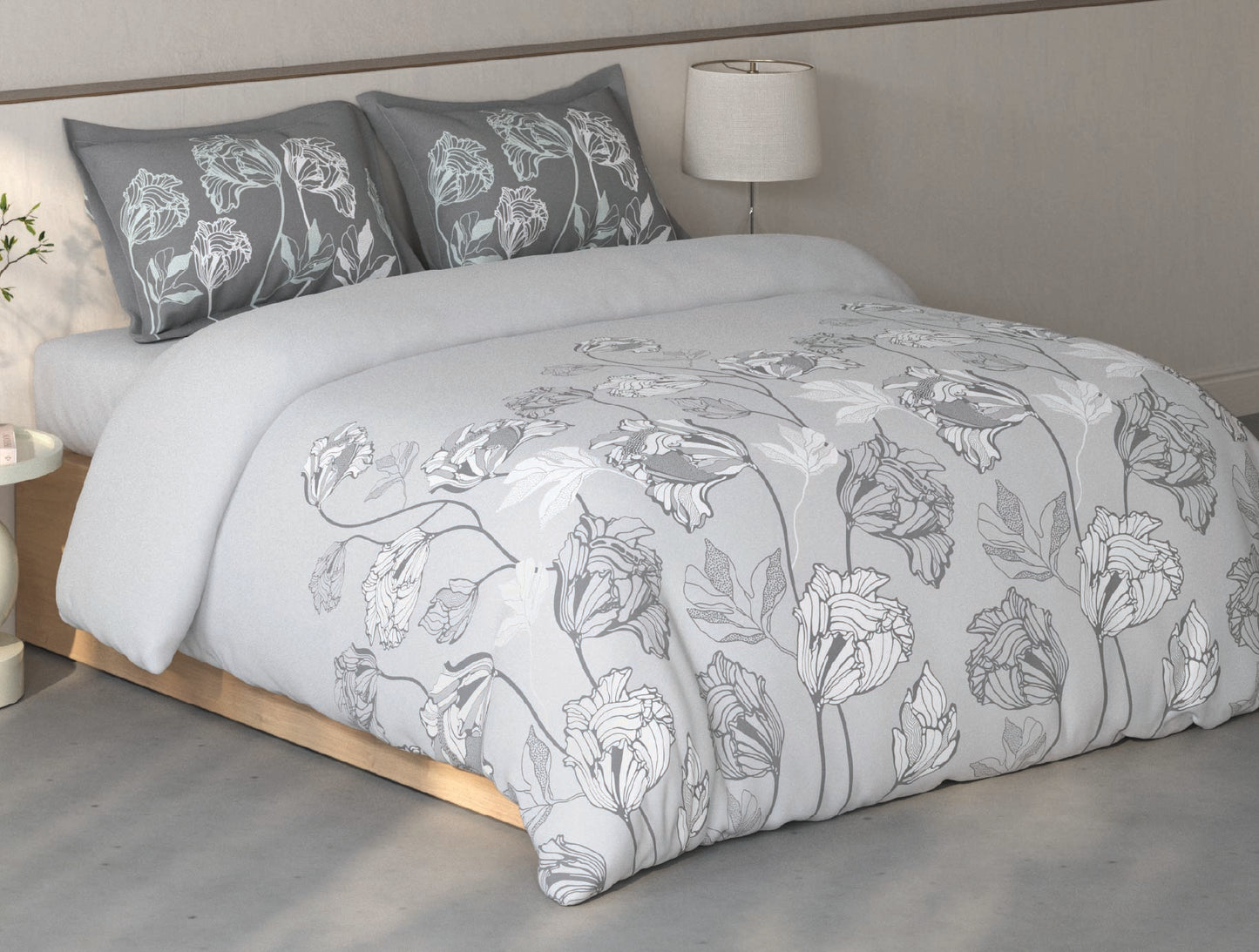 Spaces Fiora Light Grey Floral 100% Cotton Double Bedsheet with 2 Pillow Covers - 90 x 108 Inches
