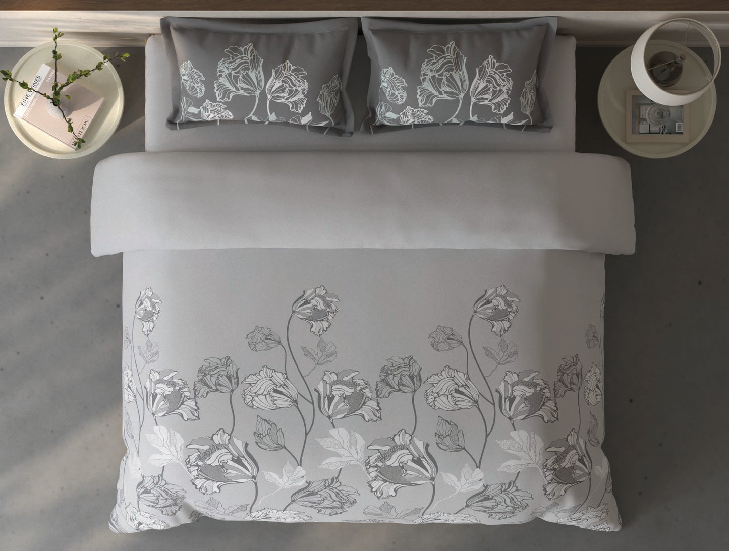Spaces Fiora Light Grey Floral 100% Cotton Double Bedsheet with 2 Pillow Covers - 90 x 108 Inches