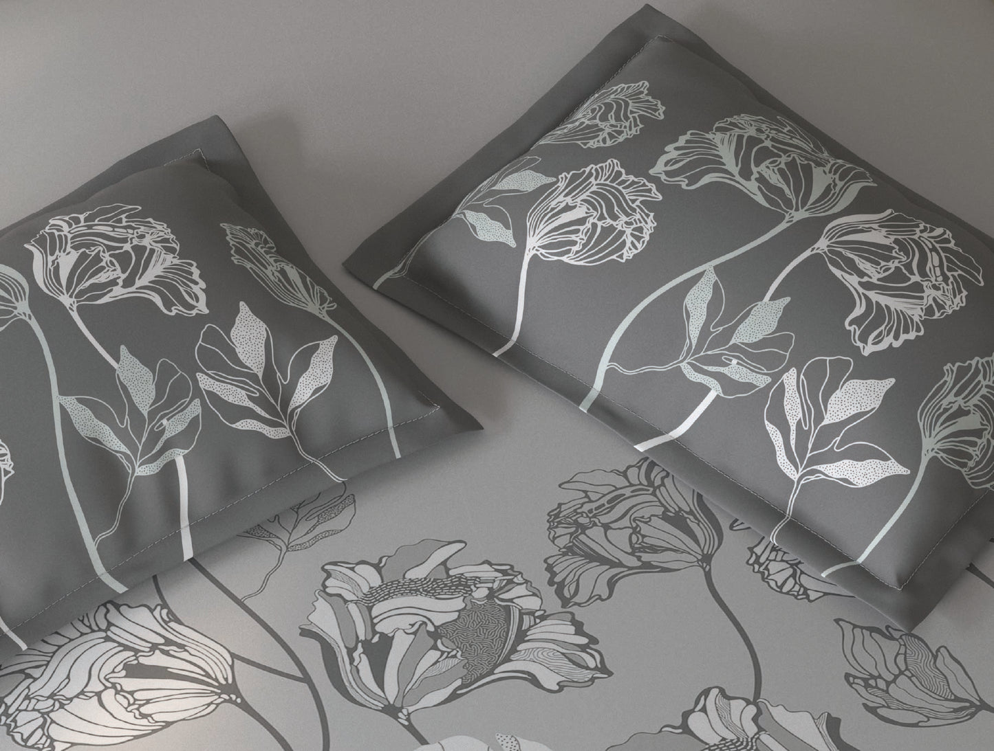 Spaces Fiora Light Grey Floral 100% Cotton Double Bedsheet with 2 Pillow Covers - 90 x 108 Inches