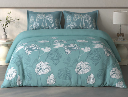 Spaces Fiora Light Teal Floral 100% Cotton Double Bedsheet with 2 Pillow Covers - 90 x 108 Inches