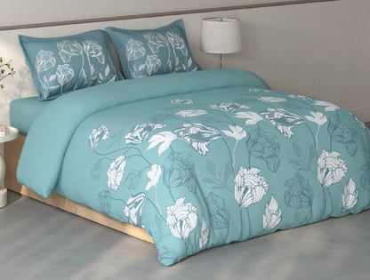 Spaces Fiora Light Teal Floral 100% Cotton Double Bedsheet with 2 Pillow Covers - 90 x 108 Inches
