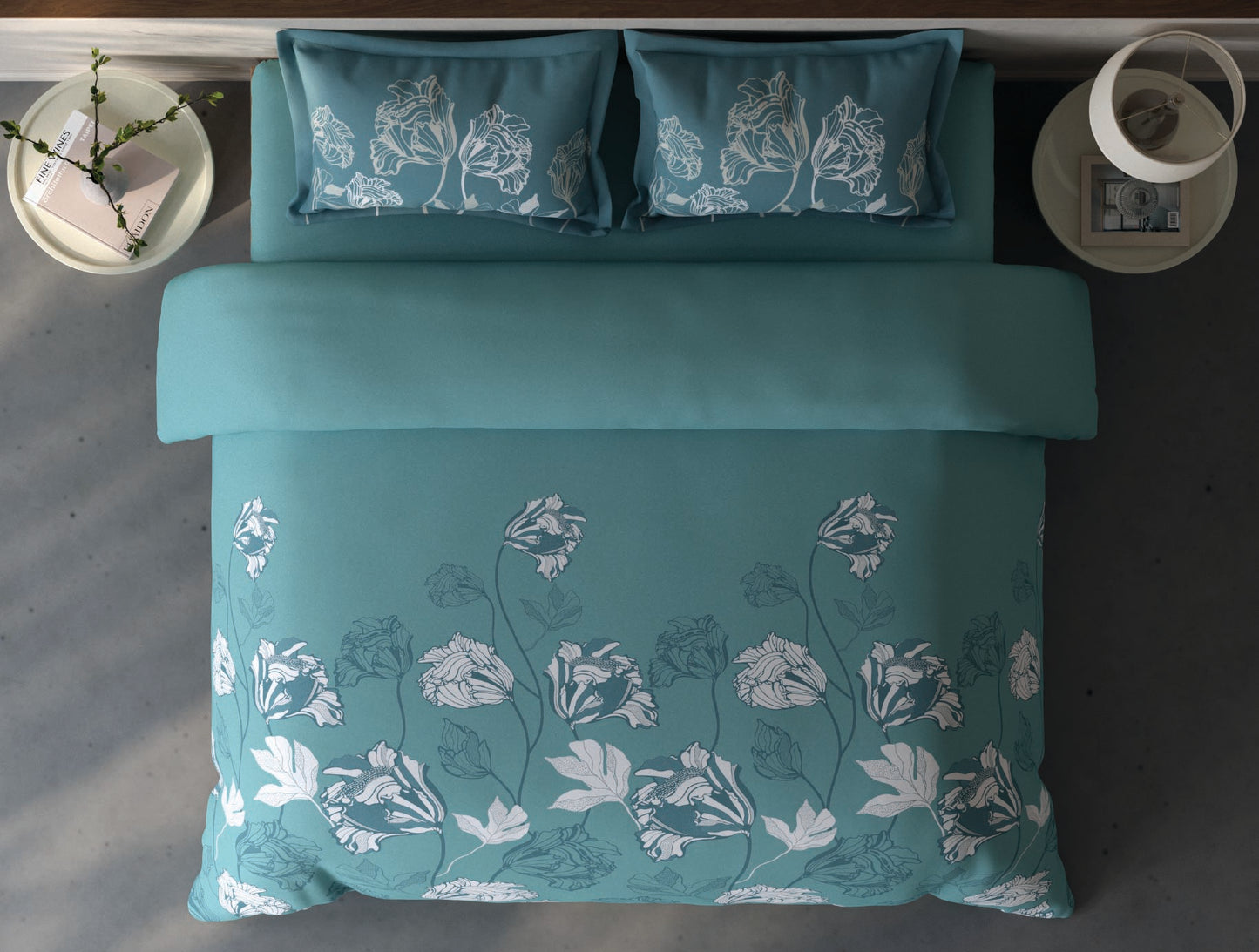 Spaces Fiora Light Teal Floral 100% Cotton Double Bedsheet with 2 Pillow Covers - 90 x 108 Inches