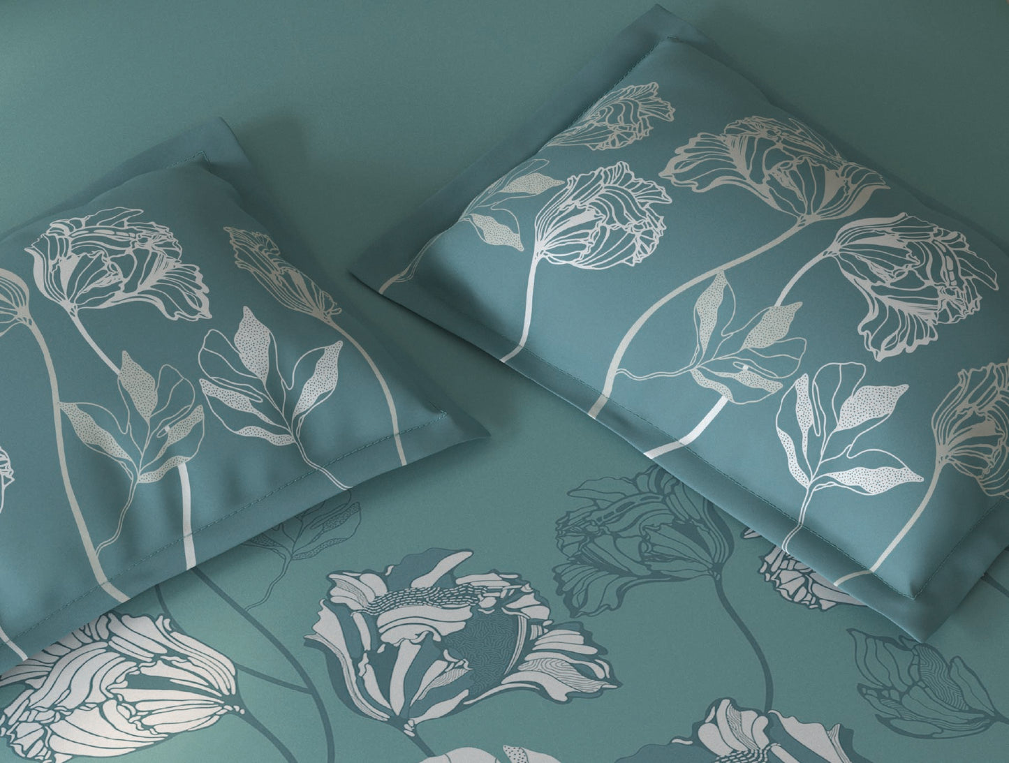 Spaces Fiora Light Teal Floral 100% Cotton Double Bedsheet with 2 Pillow Covers - 90 x 108 Inches