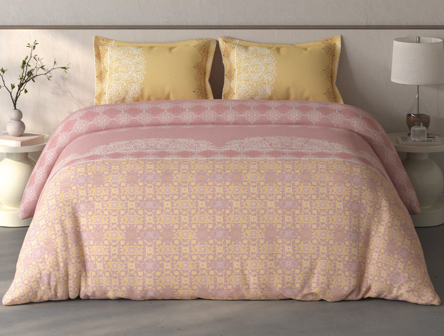 Spaces Fiora Blush Ornate 100% Cotton Double Bedsheet with 2 Pillow Covers - 90 x 108 Inches