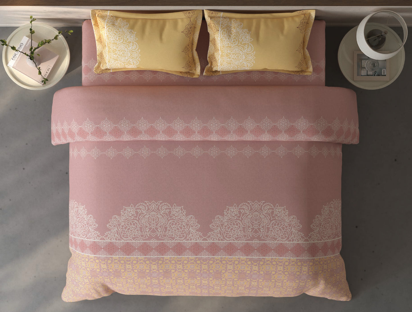 Spaces Fiora Blush Ornate 100% Cotton Double Bedsheet with 2 Pillow Covers - 90 x 108 Inches