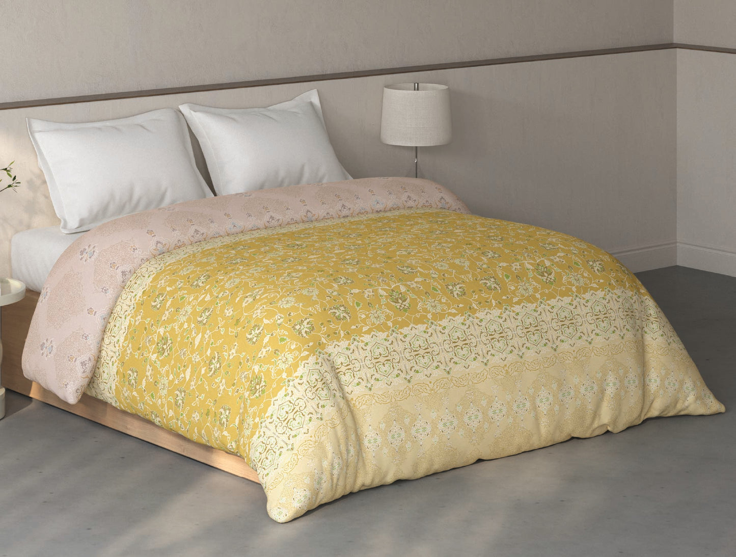 Spaces Fiora Light Yellow Ornate 100% Cotton Double Quilt Blanket - 88 x 106 Inches