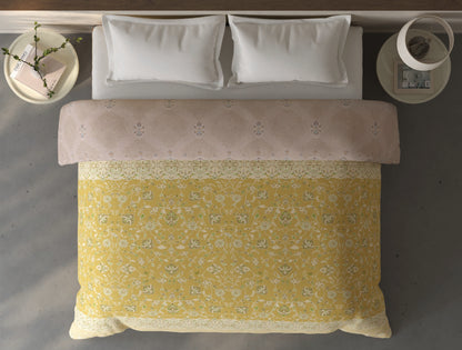 Spaces Fiora Light Yellow Ornate 100% Cotton Double Quilt Blanket - 88 x 106 Inches