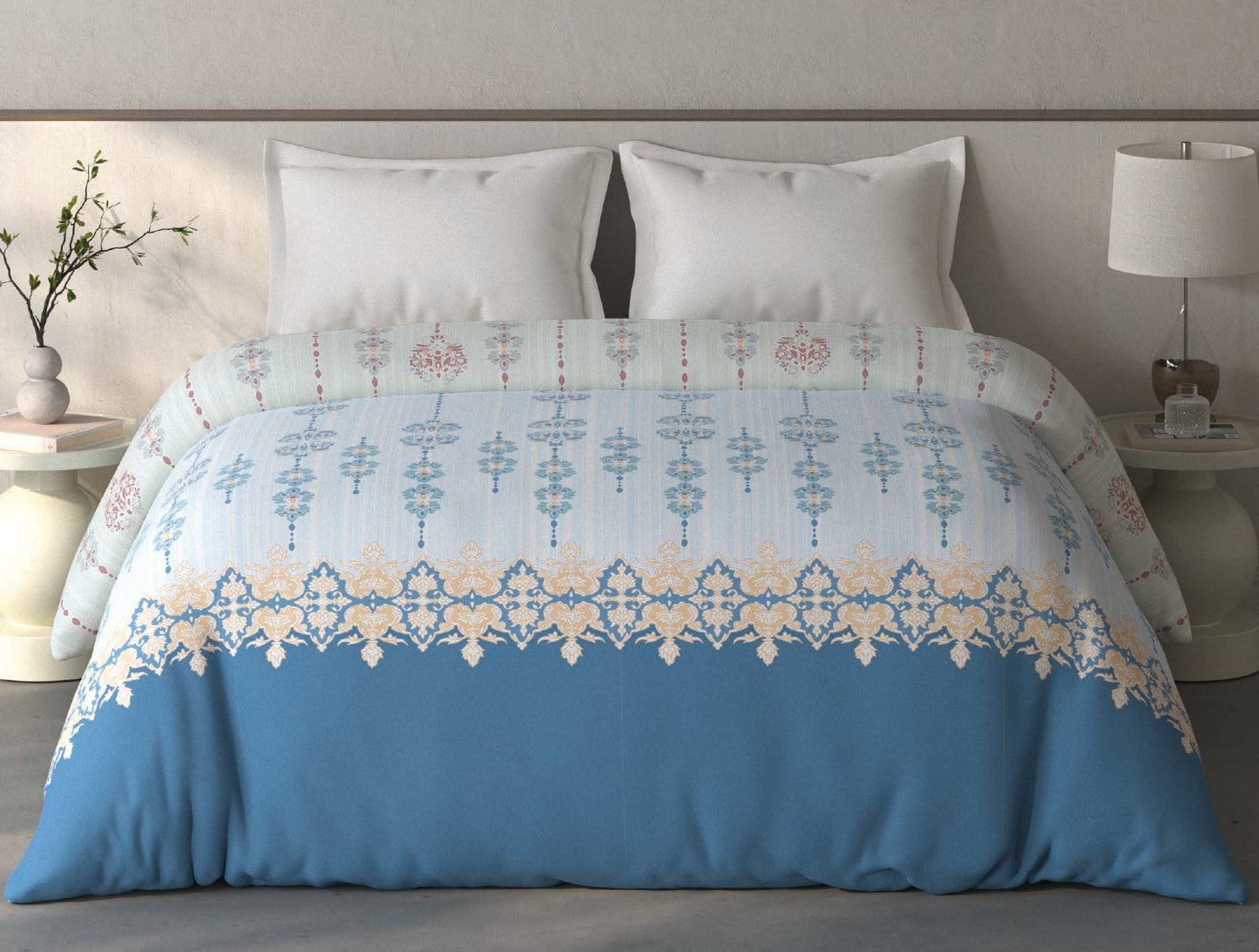 Spaces Fiora Light Blue Ornate 100% Cotton Double Quilt Blanket - 88 x 106 Inches
