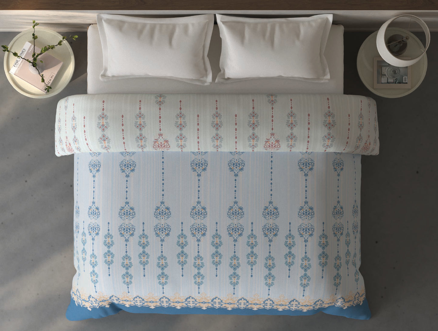 Spaces Fiora Light Blue Ornate 100% Cotton Double Quilt Blanket - 88 x 106 Inches