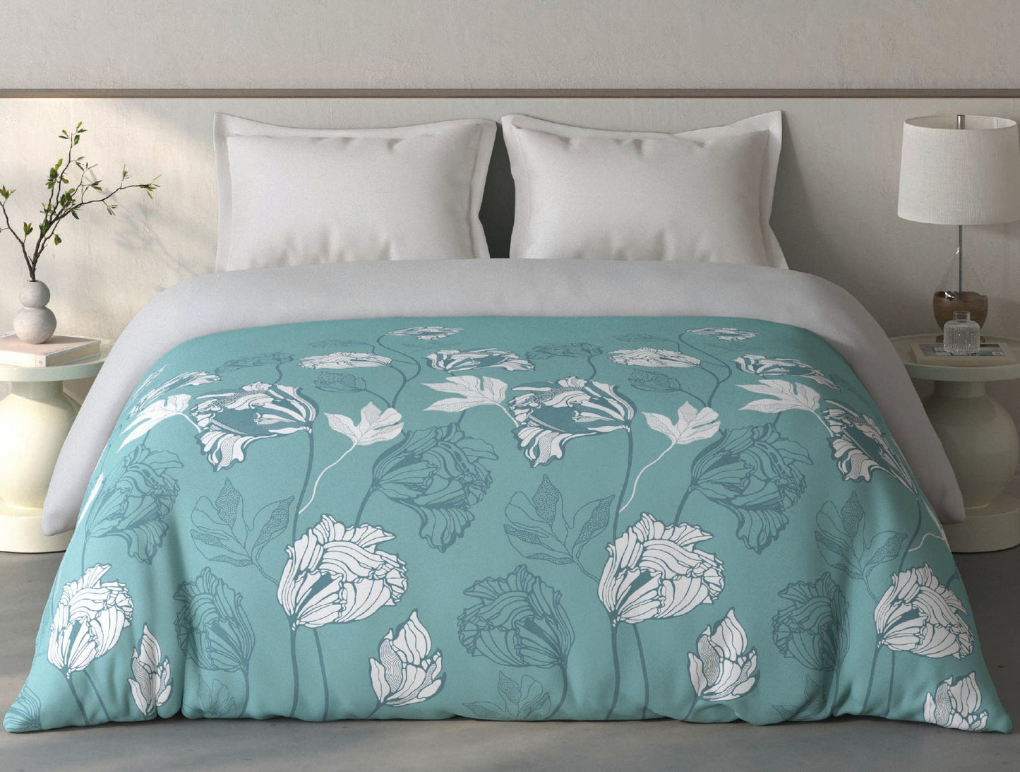Spaces Fiora Light Teal Floral 100% Cotton Double Quilt Blanket - 88 x 106 Inches