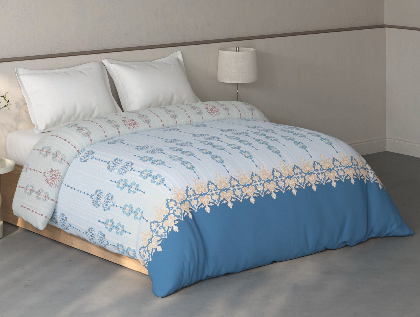 Spaces Fiora 100% Cotton Ornate Light Blue Double Quilt - 88 x 106 Inches